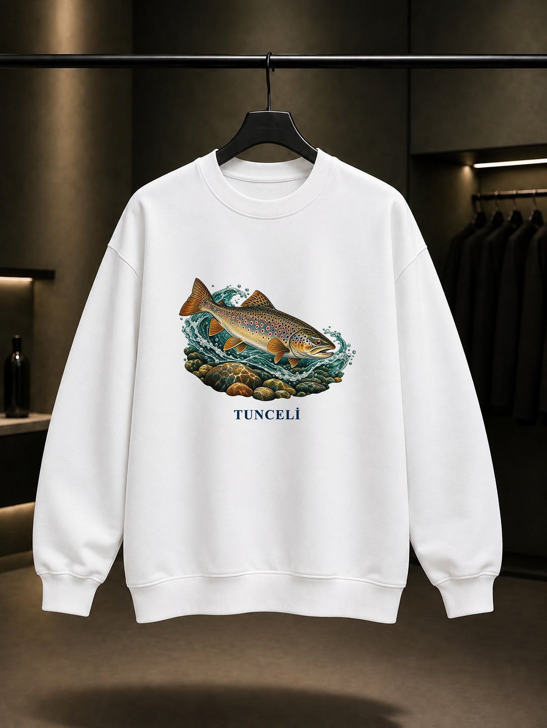 Tunceli Munzur Alabalığı baskılı beyaz sweatshirt