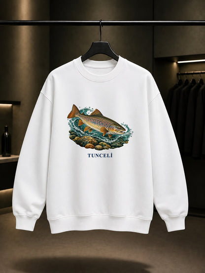 Tunceli Munzur Alabalığı baskılı beyaz sweatshirt