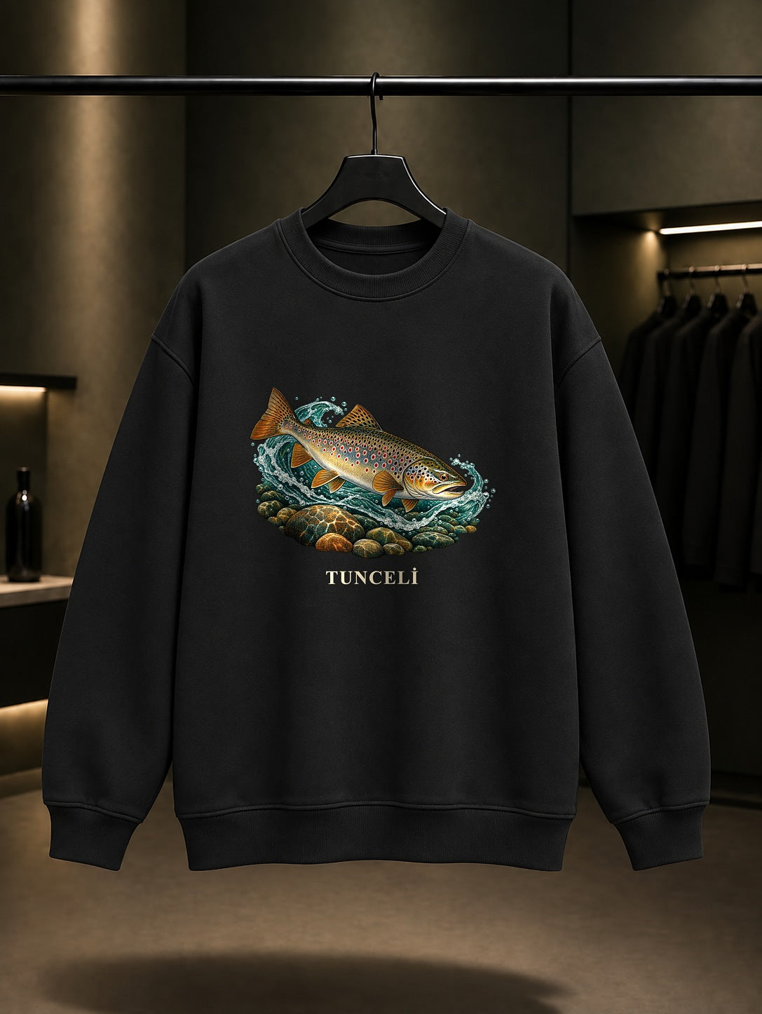 Tunceli Munzur Alabalığı baskılı siyah sweatshirt