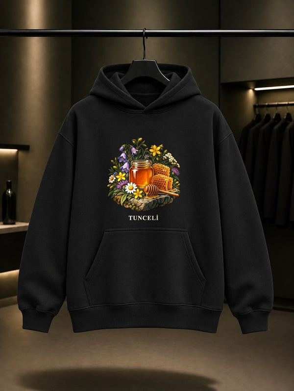 Tunceli Ovacık Balı baskılı siyah kapüşonlu sweatshirt