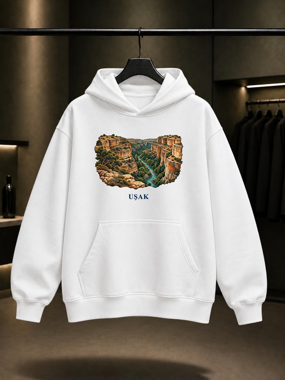 Uşak Ulubey Kanyonu baskılı beyaz kapüşonlu sweatshirt