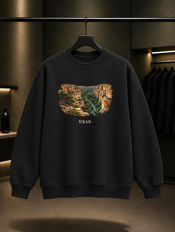 Uşak Ulubey Kanyonu baskılı siyah sweatshirt