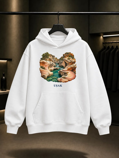 Uşak Taşyaran Vadisi baskılı beyaz kapüşonlu sweatshirt