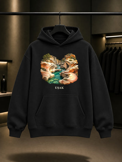 Uşak Taşyaran Vadisi baskılı siyah kapüşonlu sweatshirt