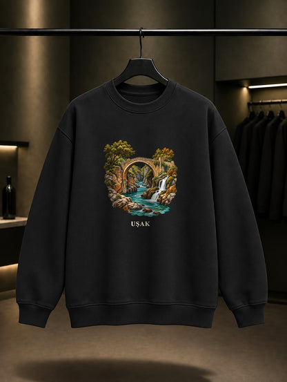 Uşak Clandiras Köprüsü baskılı siyah sweatshirt