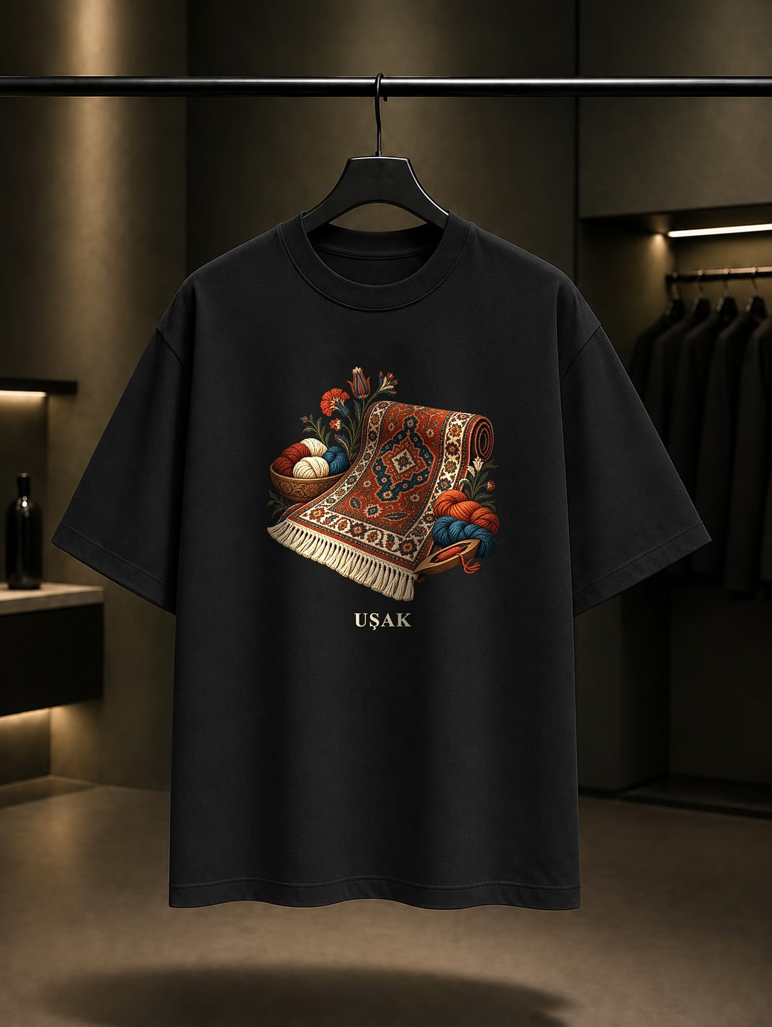 Uşak Halısı baskılı siyah t-shirt