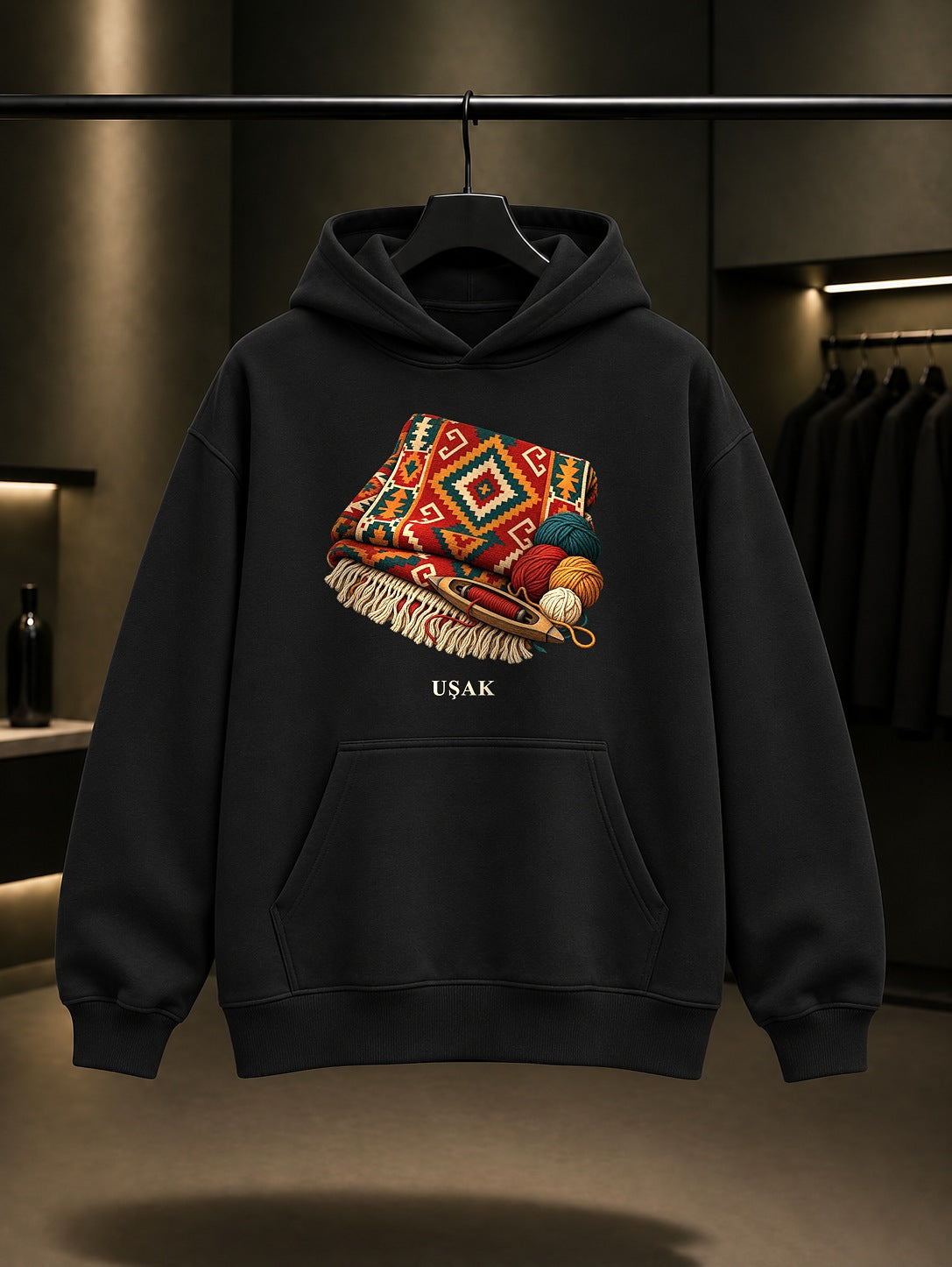 Uşak Eşme Kilimi baskılı siyah kapüşonlu sweatshirt