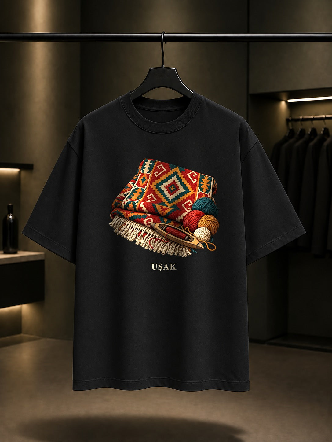 Uşak Eşme Kilimi baskılı siyah t-shirt