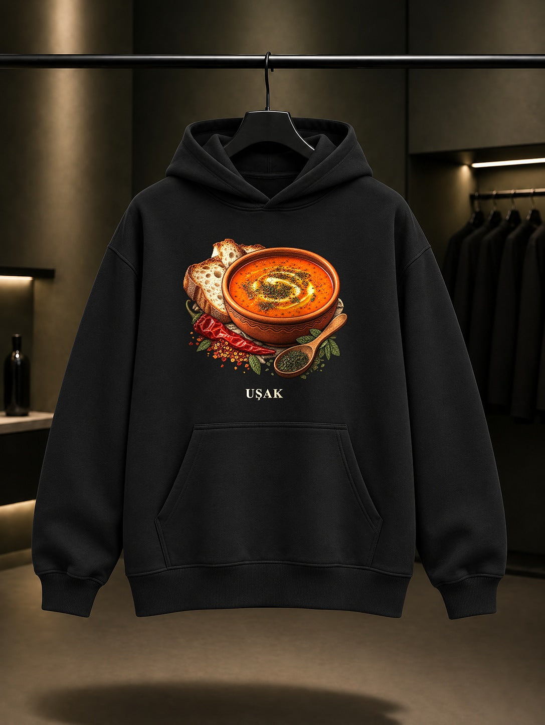 Uşak Tarhana Çorbası baskılı siyah kapüşonlu sweatshirt