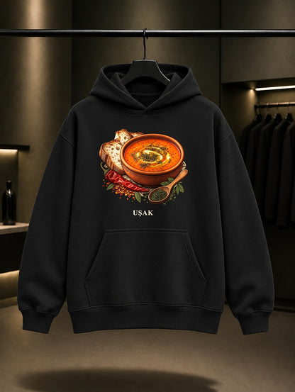 Uşak Tarhana Çorbası baskılı siyah kapüşonlu sweatshirt