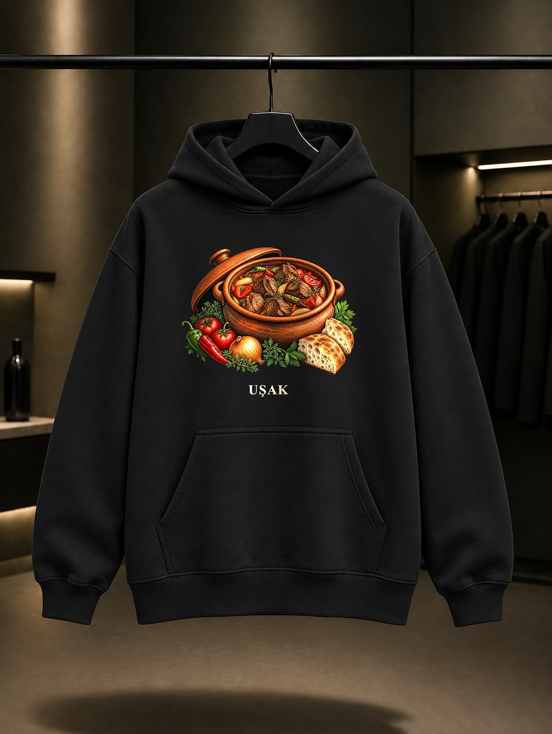 Uşak Çömlek Eti baskılı siyah kapüşonlu sweatshirt