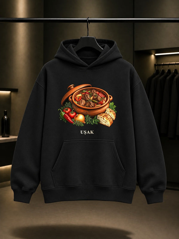 Uşak Çömlek Eti baskılı siyah kapüşonlu sweatshirt