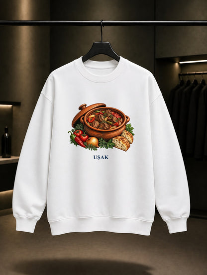 Uşak Çömlek Eti baskılı beyaz sweatshirt