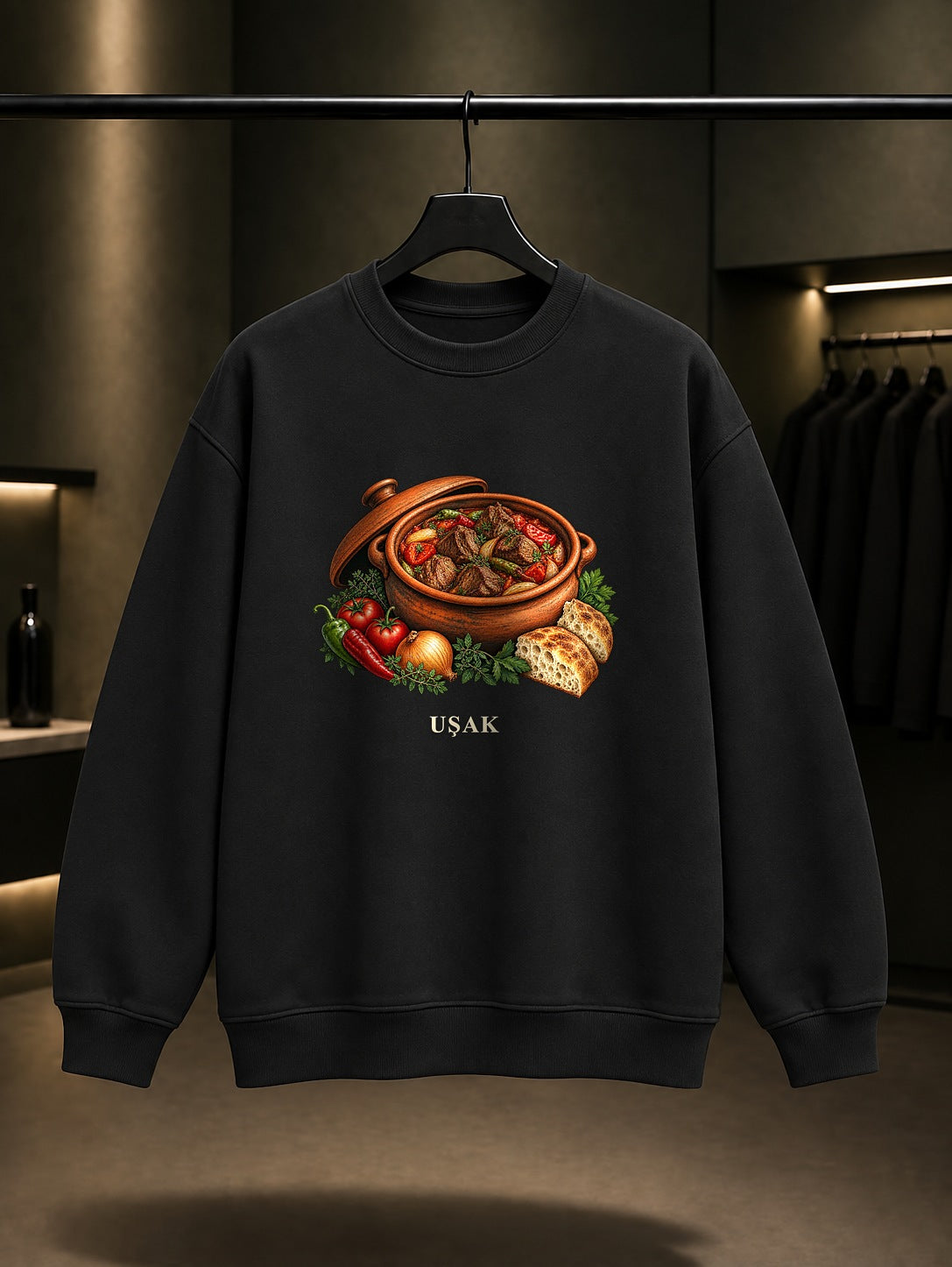 Uşak Çömlek Eti baskılı siyah sweatshirt