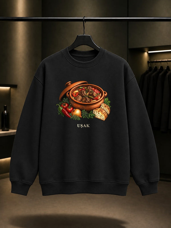 Uşak Çömlek Eti baskılı siyah sweatshirt