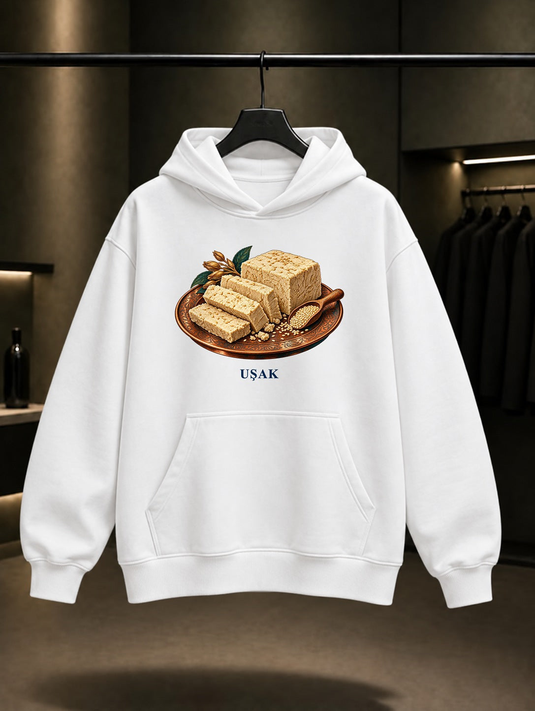 Uşak Tahin Helva baskılı beyaz kapüşonlu sweatshirt