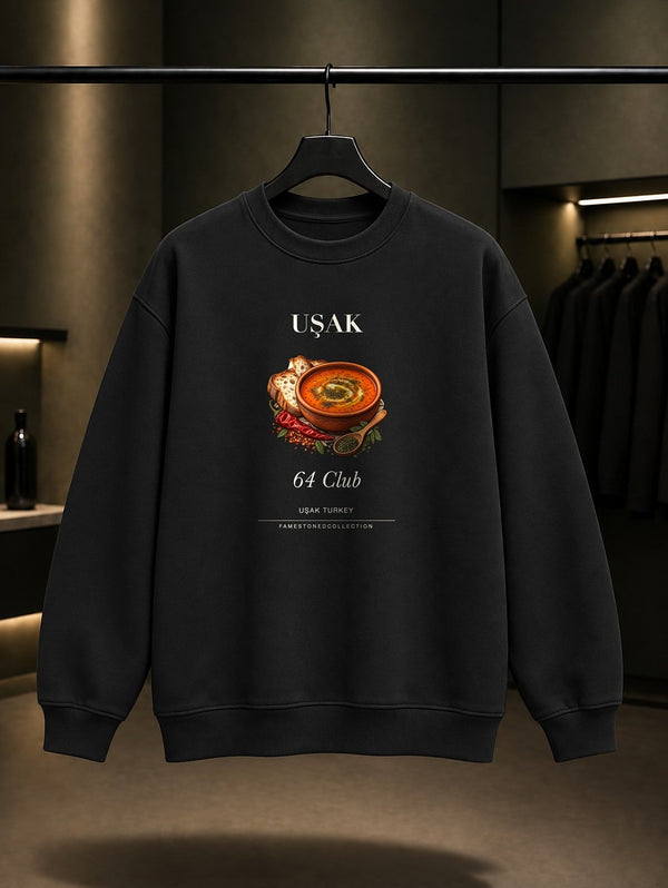 Uşak Tarhana Çorbası 64 Club baskılı siyah sweatshirt