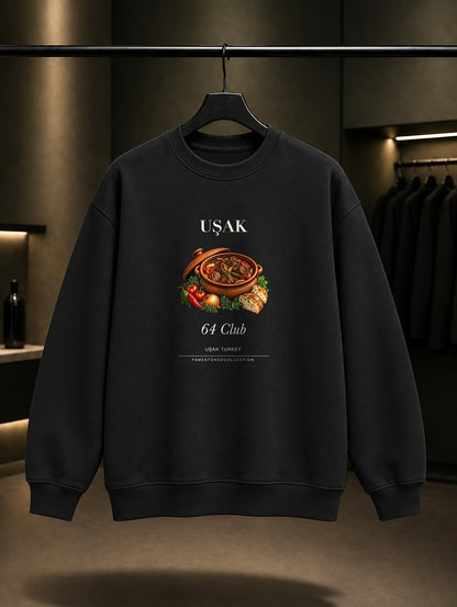 Uşak Çömlek Eti 64 Club baskılı siyah sweatshirt