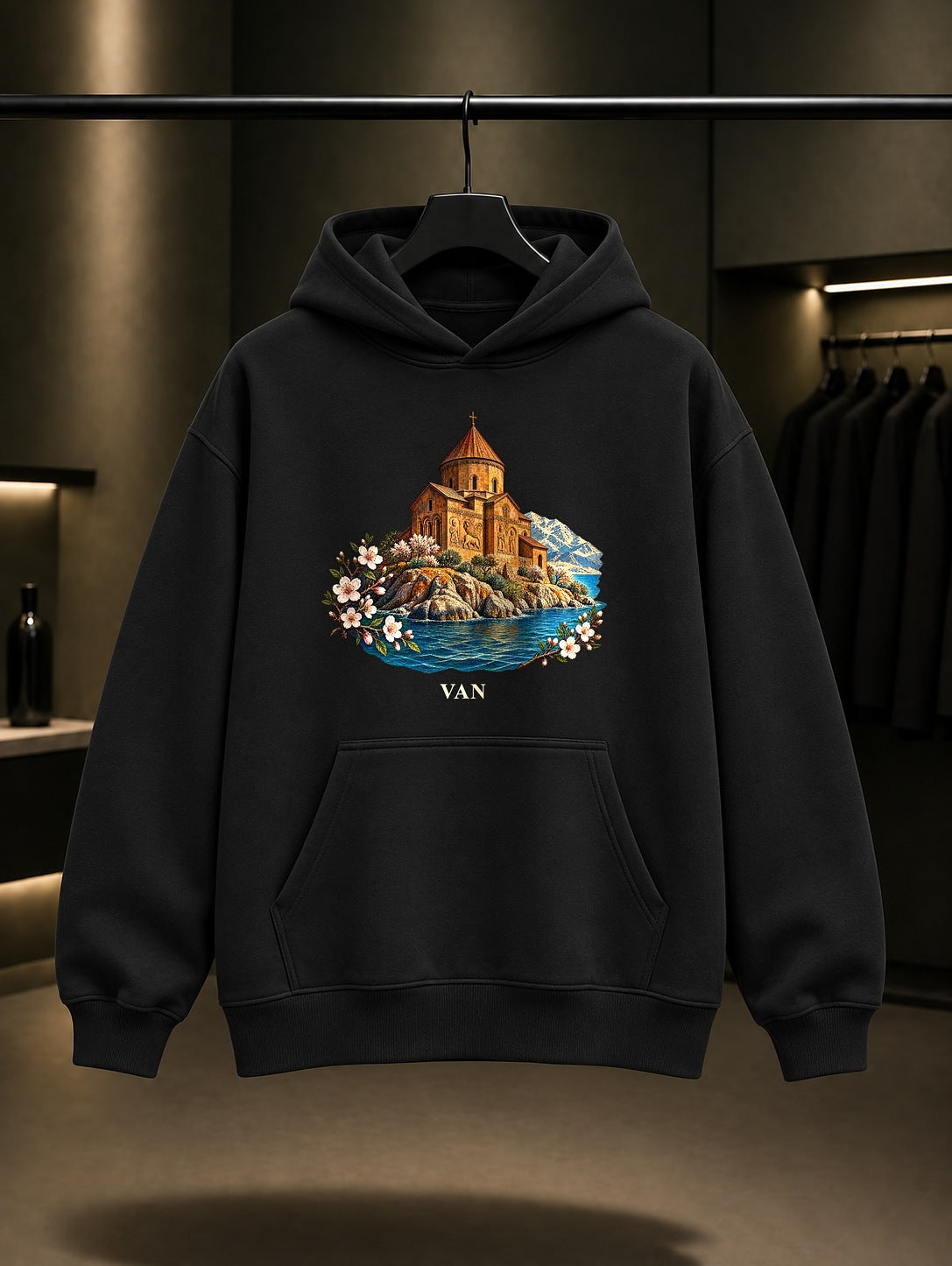 Van Akdamar baskılı siyah kapüşonlu sweatshirt