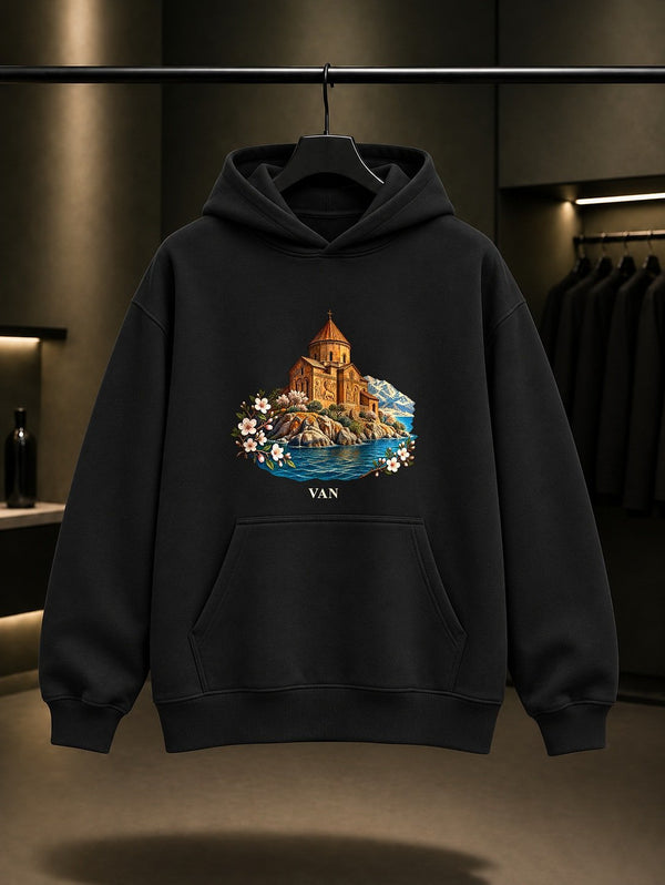 Van Akdamar baskılı siyah kapüşonlu sweatshirt