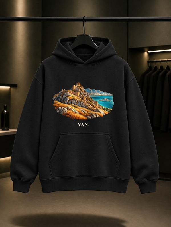 Van Kalesi baskılı siyah kapüşonlu sweatshirt