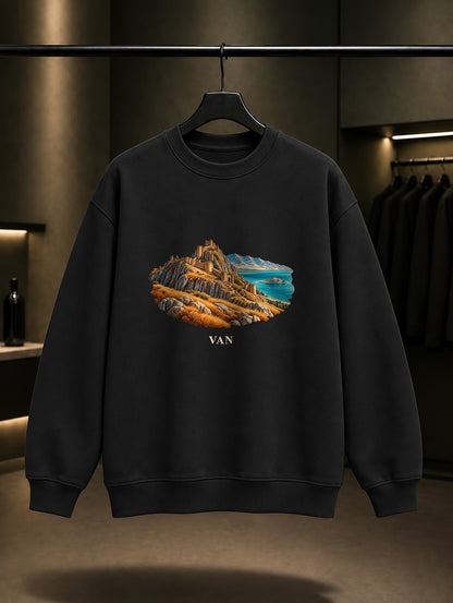 Van Kalesi baskılı siyah sweatshirt