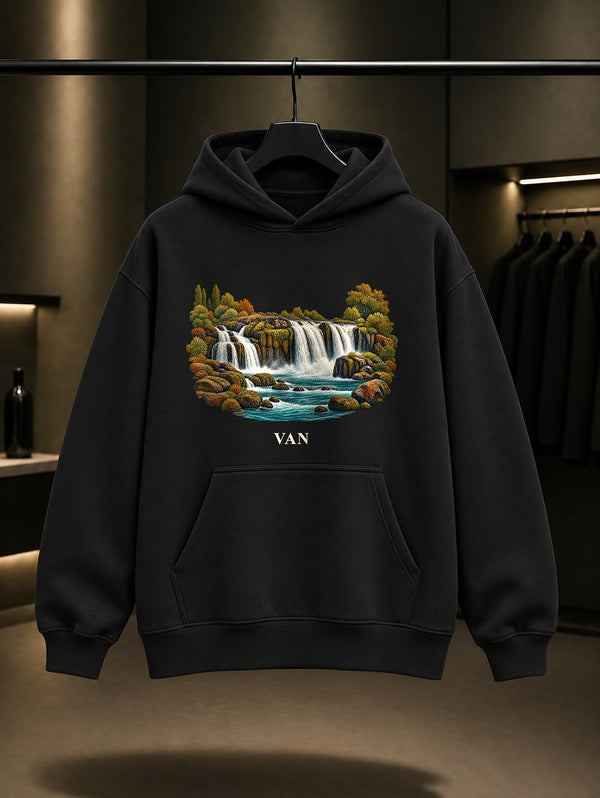 Van Muradiye Şelalesi baskılı siyah kapüşonlu sweatshirt