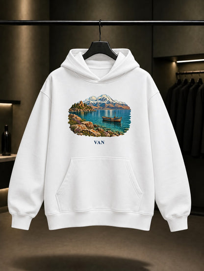 Van Gölü baskılı beyaz kapüşonlu sweatshirt