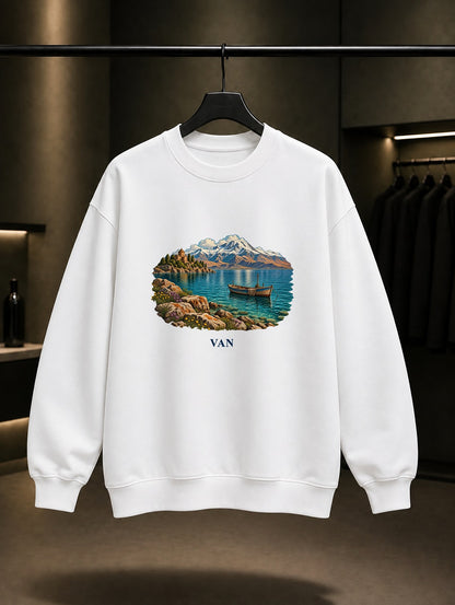 Van Gölü baskılı beyaz sweatshirt