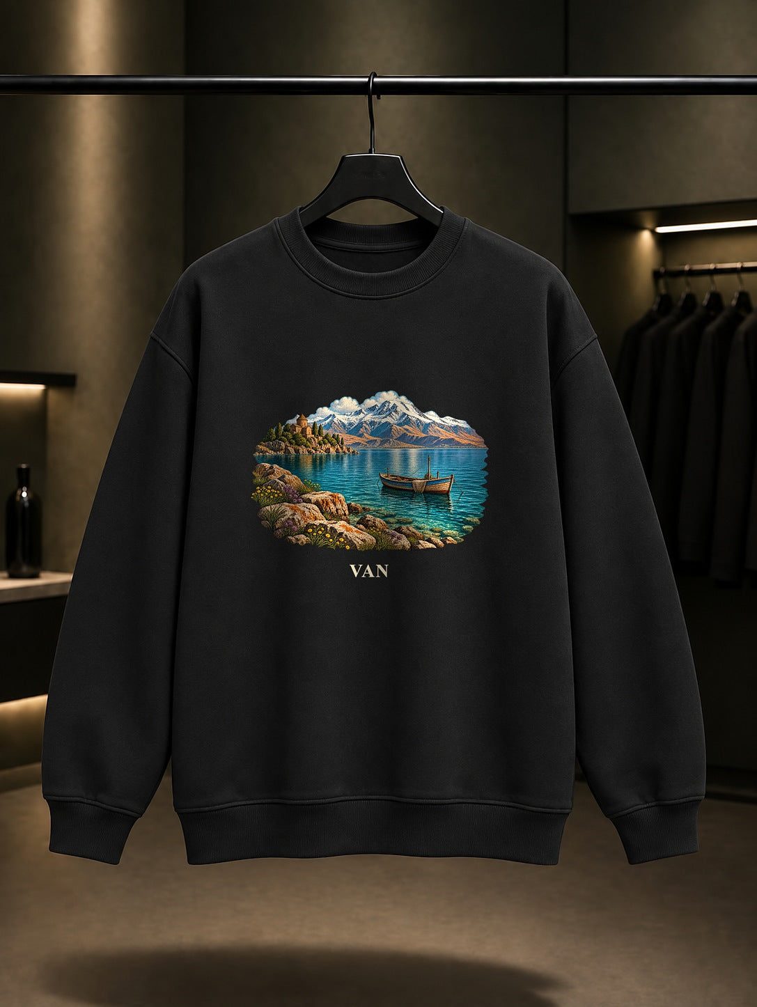 Van Gölü baskılı siyah sweatshirt