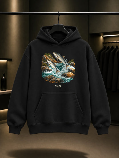 Van İnci Kefali baskılı siyah kapüşonlu sweatshirt