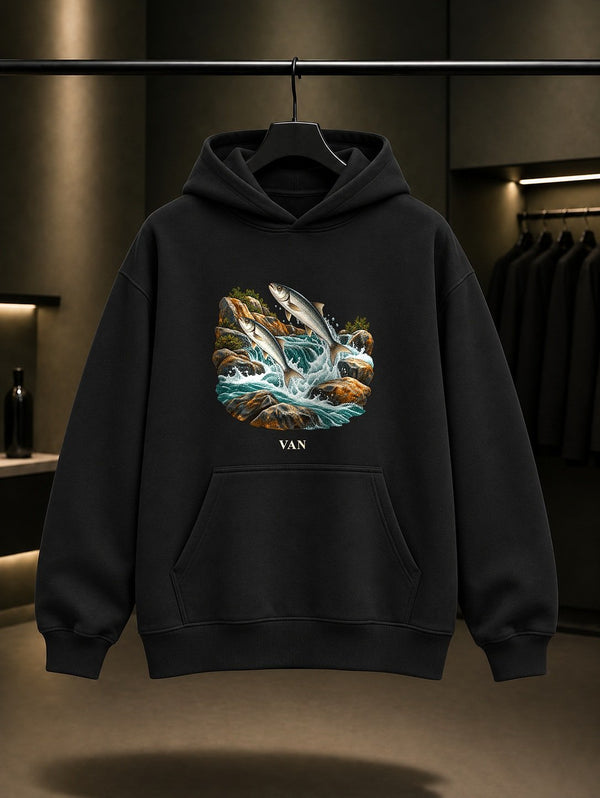 Van İnci Kefali baskılı siyah kapüşonlu sweatshirt