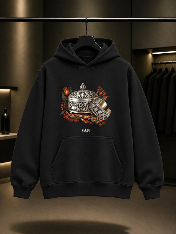 Van Savat Gümüş baskılı siyah kapüşonlu sweatshirt