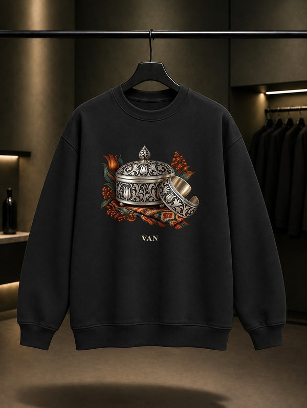 Van Savat Gümüş baskılı siyah sweatshirt