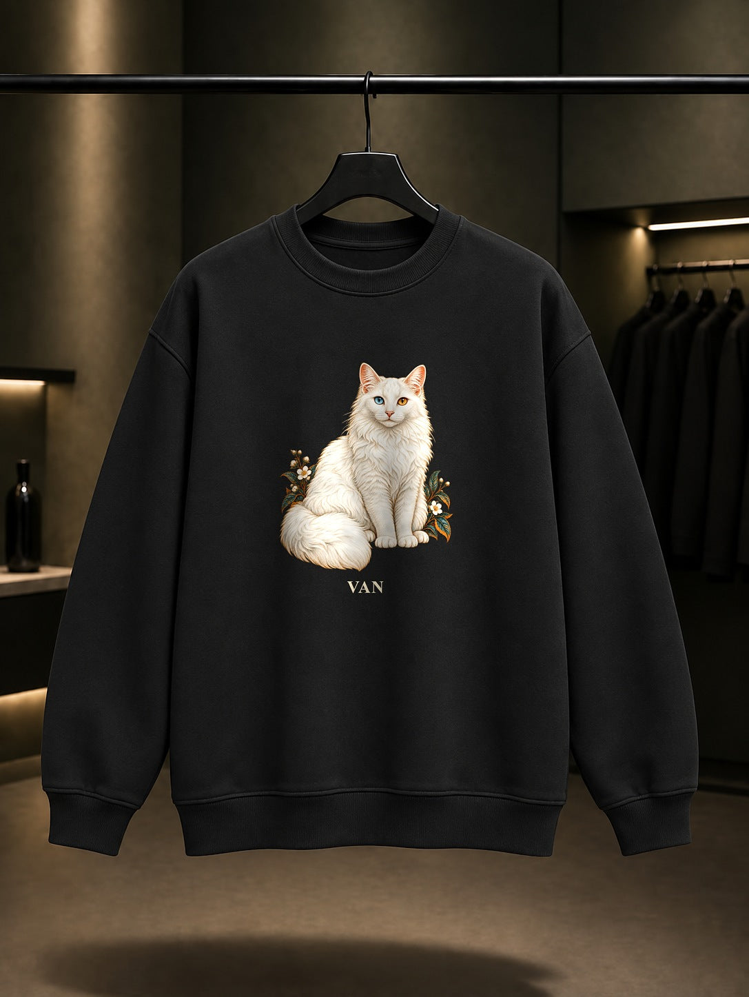 Van Kedisi baskılı siyah sweatshirt