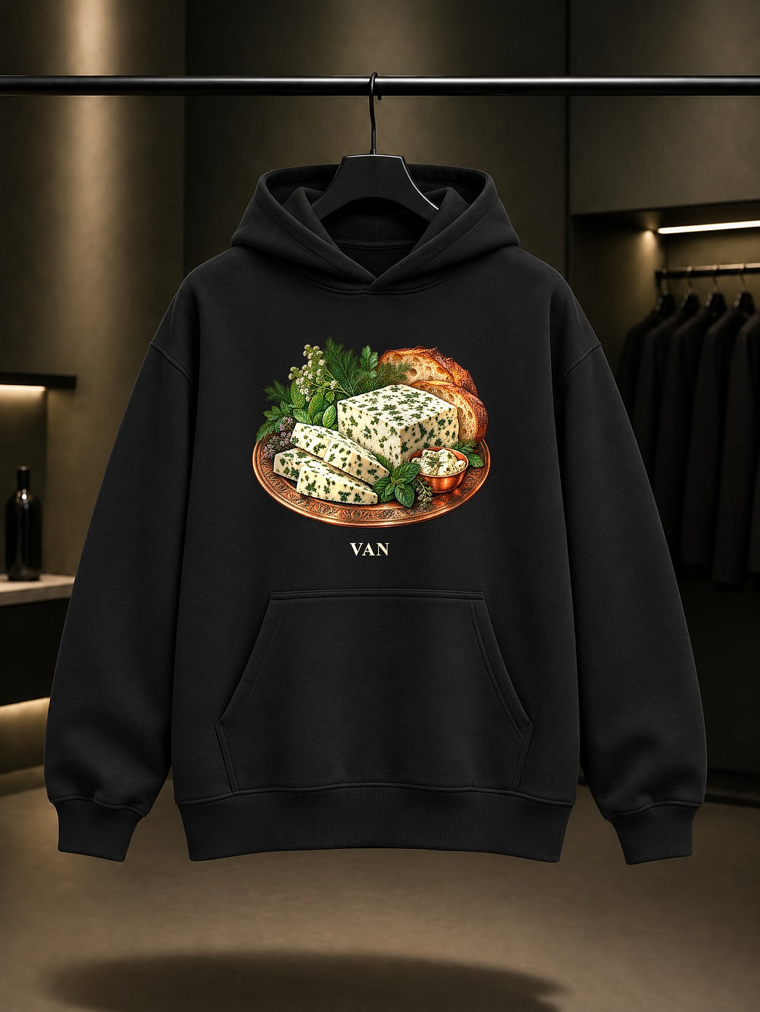 Van Otlu Peynir baskılı siyah kapüşonlu sweatshirt