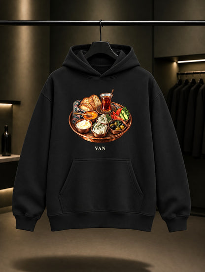 Van Kahvaltısı baskılı siyah kapüşonlu sweatshirt
