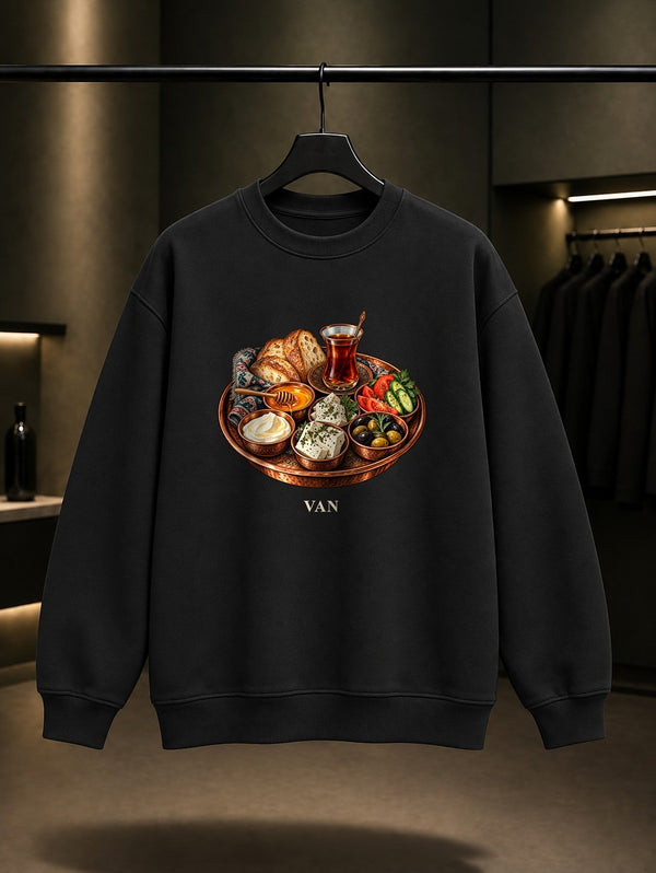 Van Kahvaltısı baskılı siyah sweatshirt