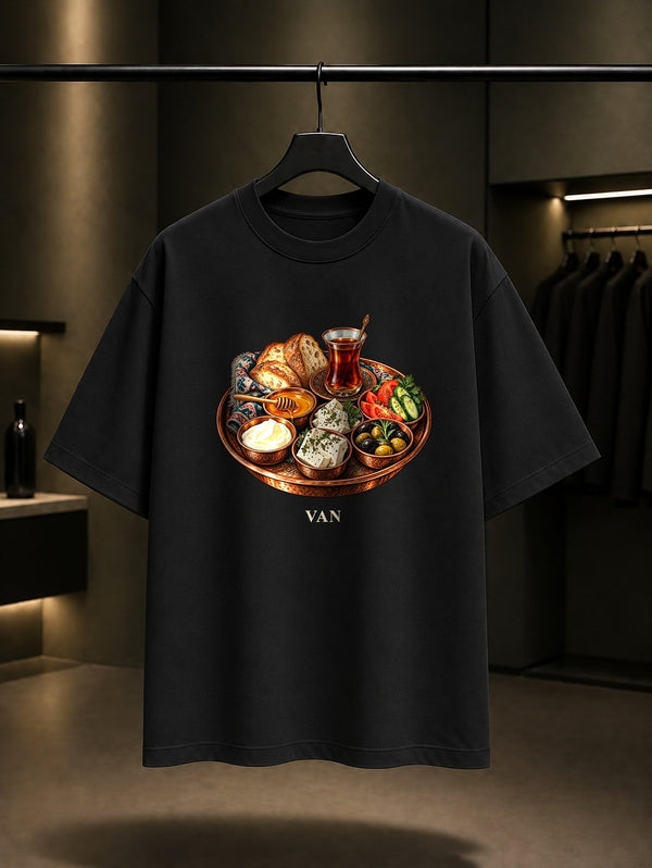 Van Kahvaltısı baskılı siyah t-shirt