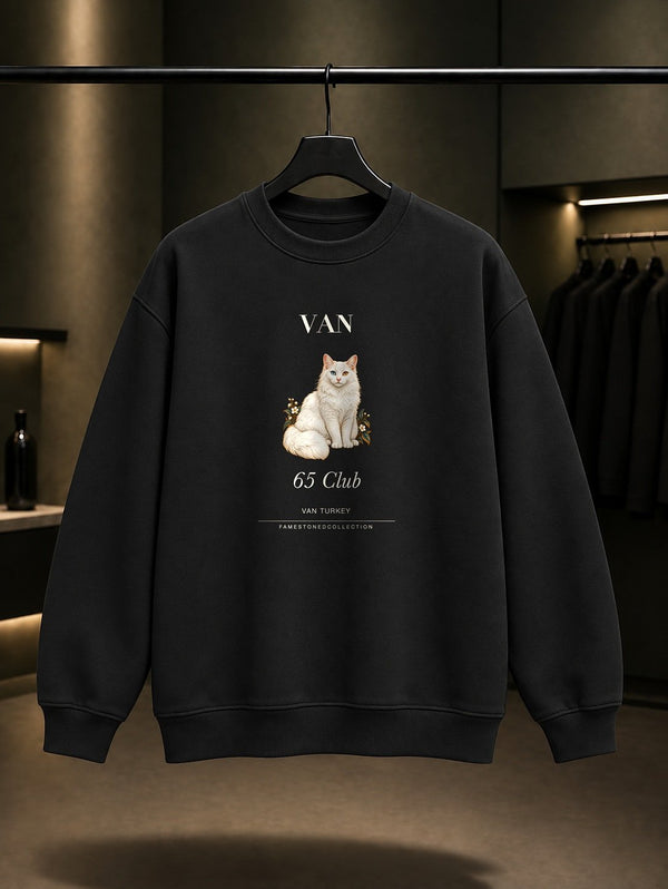 Van Kedisi 65 Club baskılı siyah sweatshirt