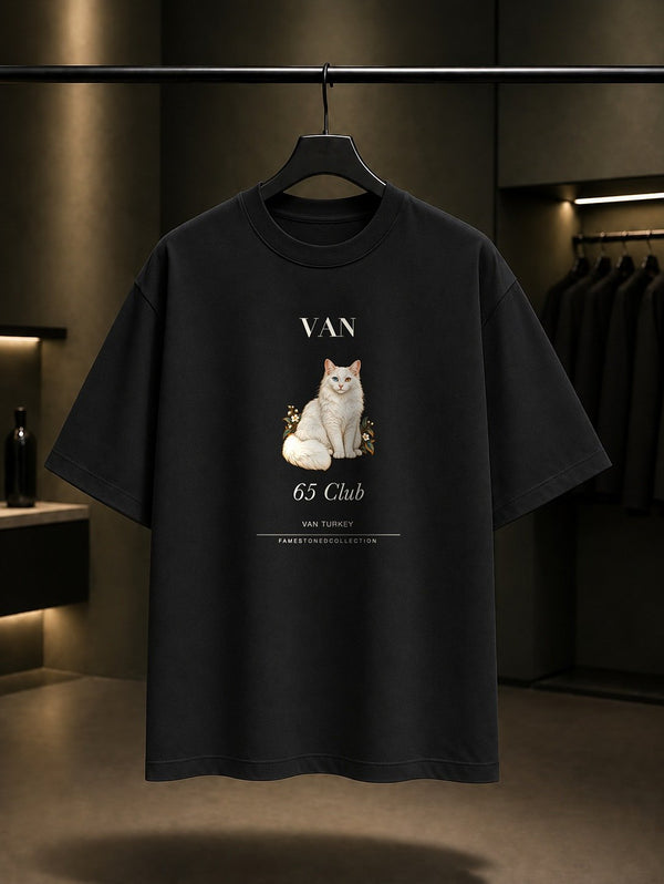 Van Kedisi 65 Club baskılı siyah t-shirt