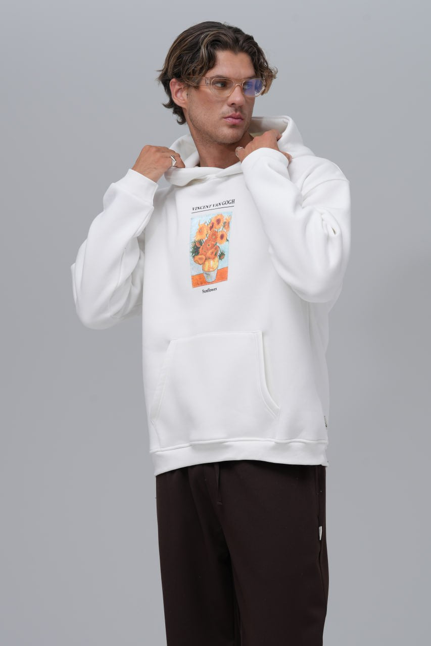 Vincent Van Gogh Ayçiçeği Baskılı Nakışlı %100 Pamuk Kapüşonlu Unisex Beyaz Sweatshirt