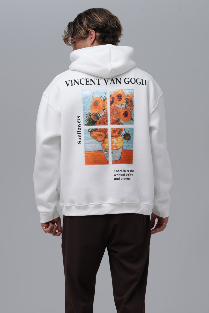 Vincent Van Gogh Ayçiçeği Baskılı Nakışlı %100 Pamuk Kapüşonlu Unisex Beyaz Sweatshirt
