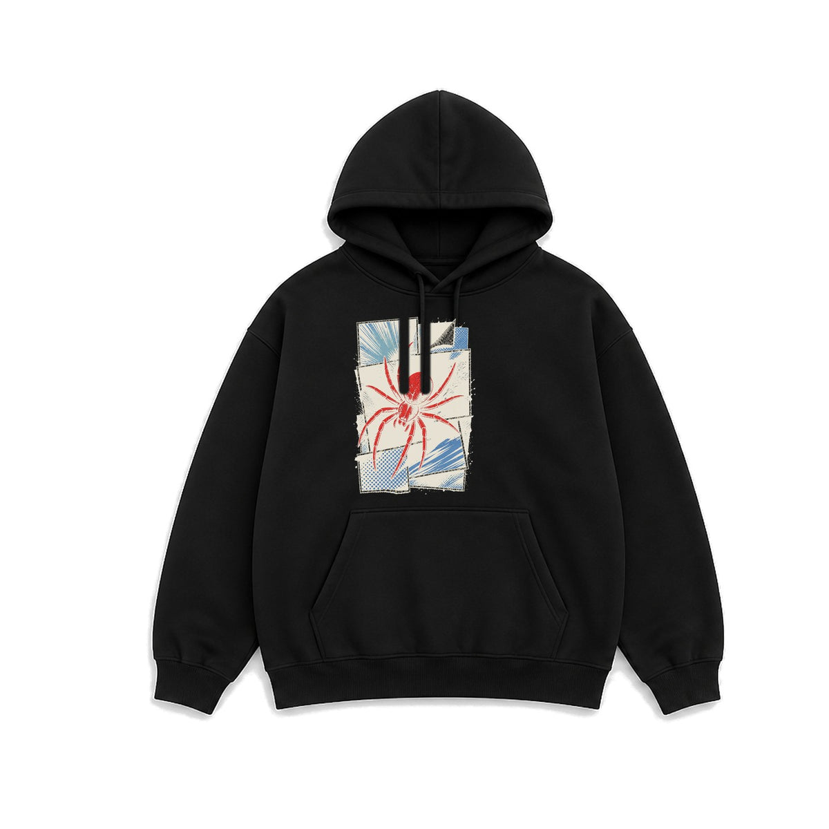 Retro Çizgi Roman Örümceği baskılı siyah kapüşonlu sweatshirt