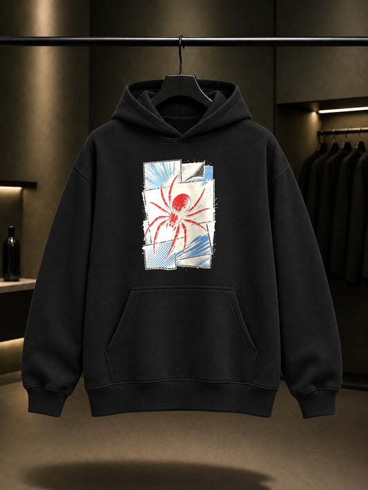 Retro Çizgi Roman Örümceği baskılı siyah kapüşonlu sweatshirt