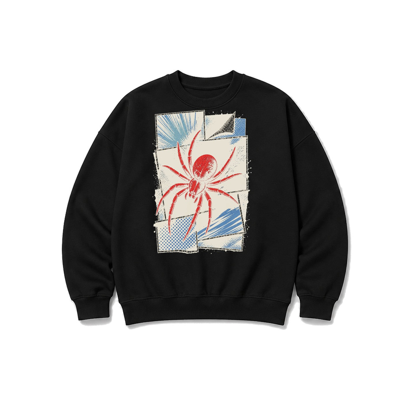 Retro Çizgi Roman Örümceği baskılı siyah sweatshirt