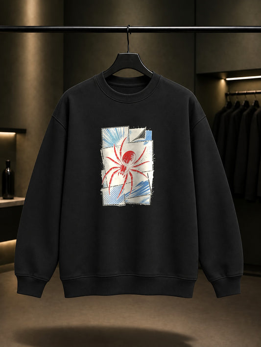 Retro Çizgi Roman Örümceği baskılı siyah sweatshirt