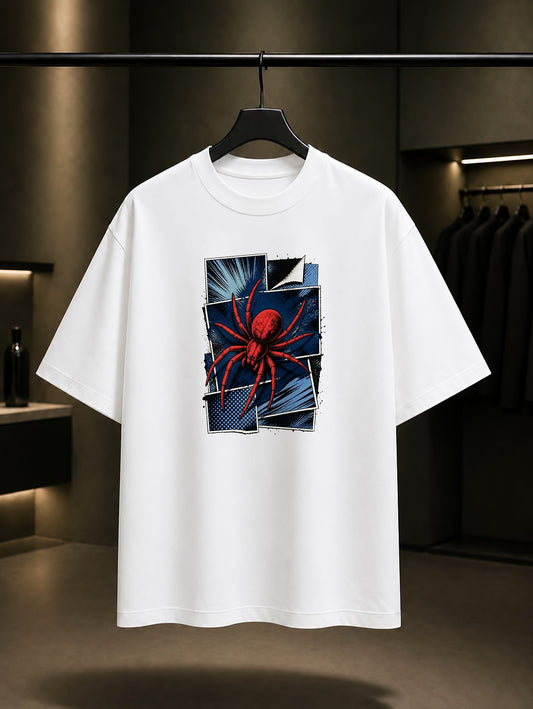 Retro Çizgi Roman Örümceği baskılı beyaz t-shirt