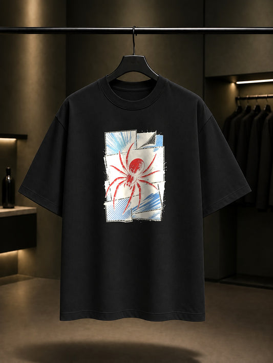Retro Çizgi Roman Örümceği baskılı siyah t-shirt