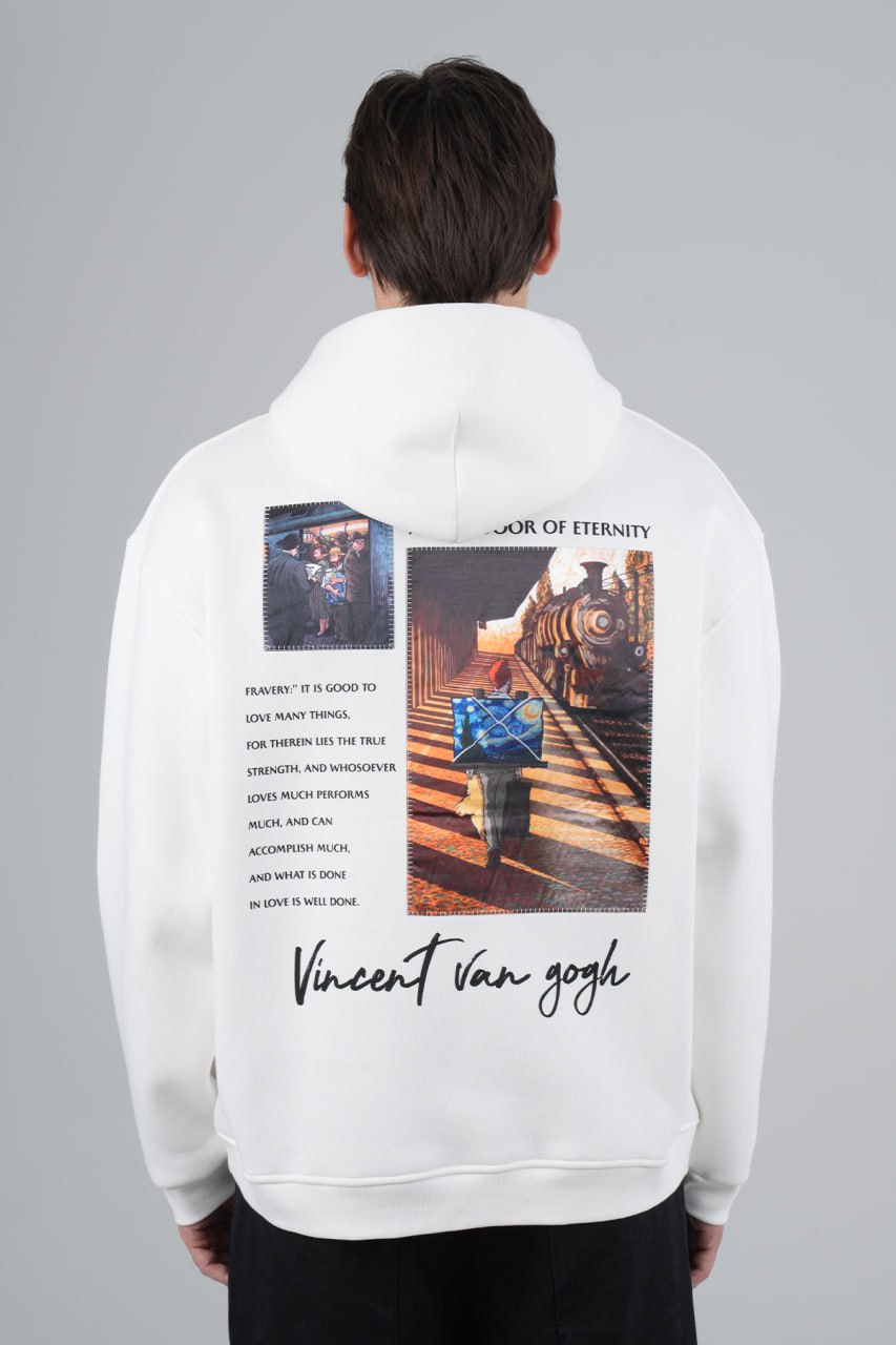 Vincent Van Gogh Metin Baskılı %100 Pamuk Kapüşonlu Unisex Oversize Beyaz Sweatshirt